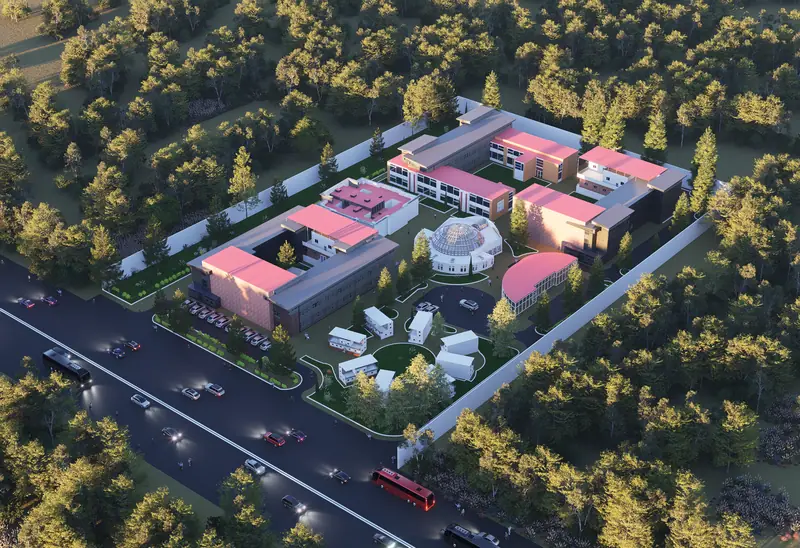 Aerial view of the campus with the glass dome prominent