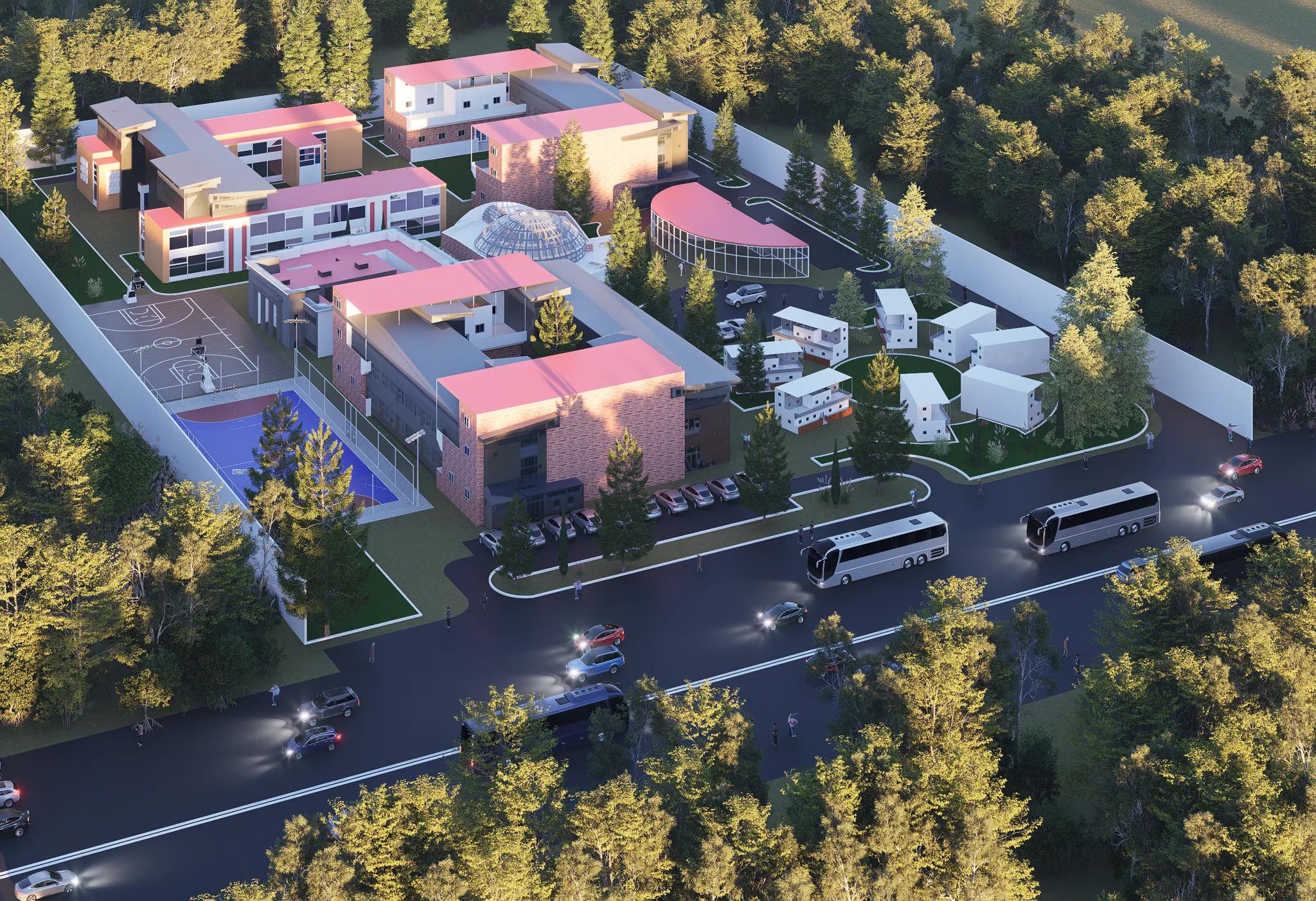 Aerial architectural rendering of the future Meridian campus at golden hour