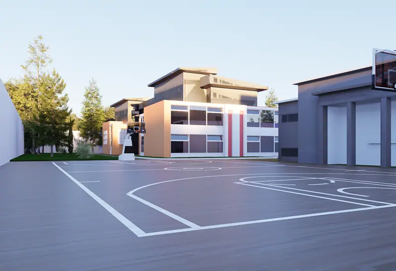 Basketball court with a classroom building behind