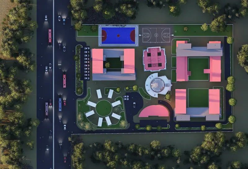 Top-down masterplan view showing buildings, futsal and basketball courts