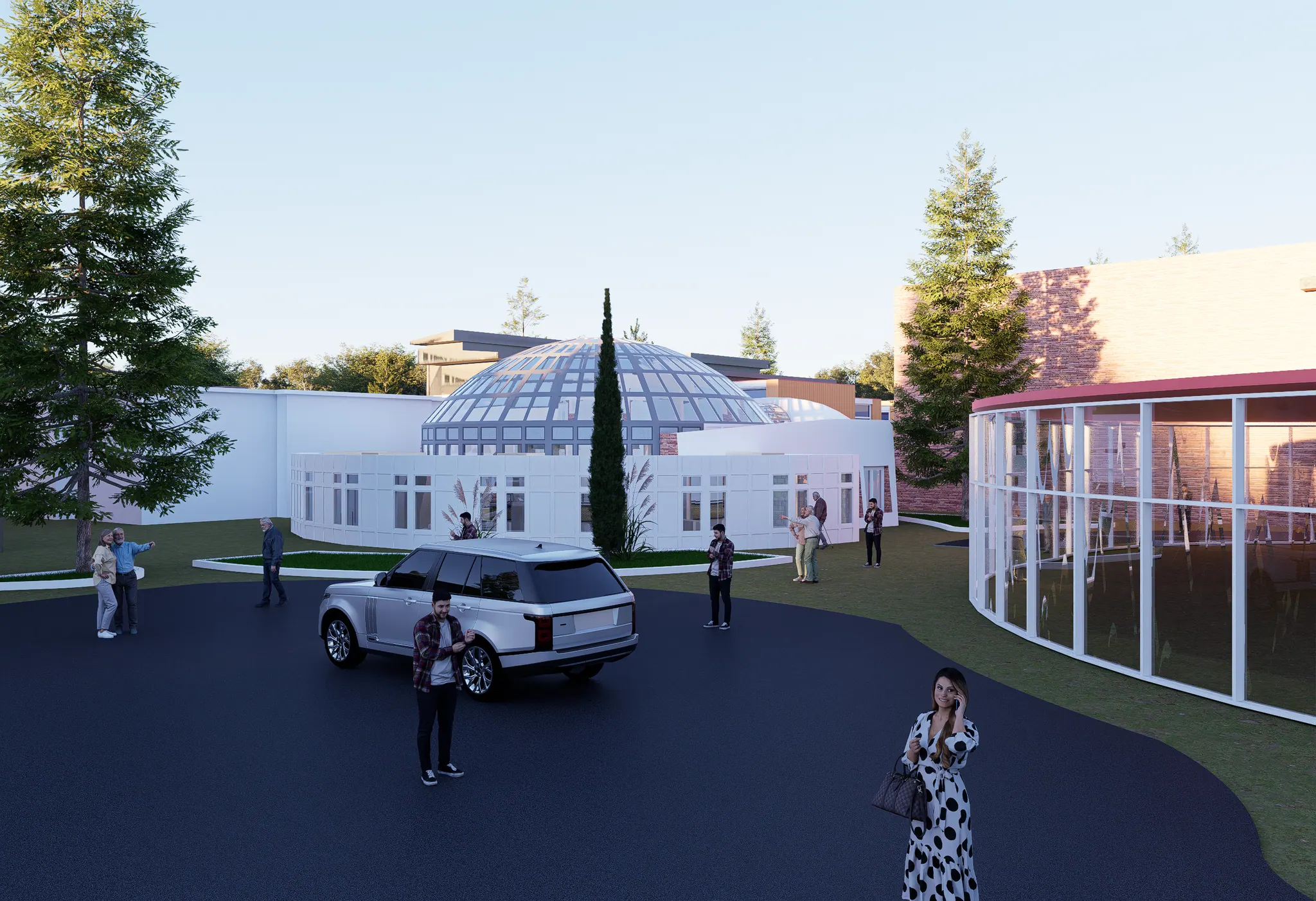 Architectural rendering of the future Meridian campus entry plaza and glass-domed atrium