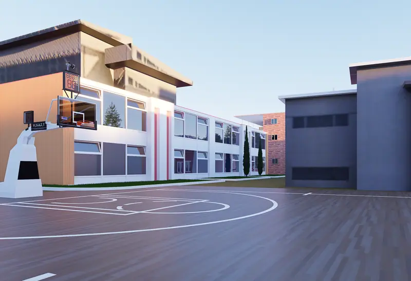 Close-up of the basketball court and scoreboard
